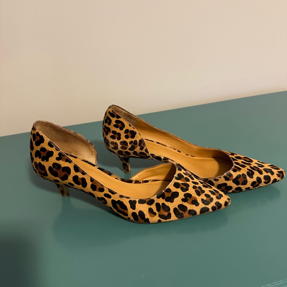 J CREW FACTORY Colette D’orsay Pumps Leopard Calf Hair Heels Pointed Toe 7.5
